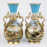 Pair of porcelain vases with hunting scene decor, hand-painted, French, 19th century