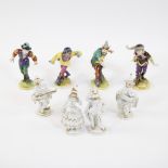 Lot of 4 polychrome figures and 4 white and gold-plated masked figures, marked Sitzendorf and Volkst