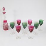 Val Saint Lambert red crystal decanter with 8 crystal glasses (4 red and 4 green)