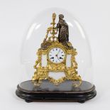 19th century fire-gilt mantel clock with white plaques and brown patinated bronze lady under bell ja