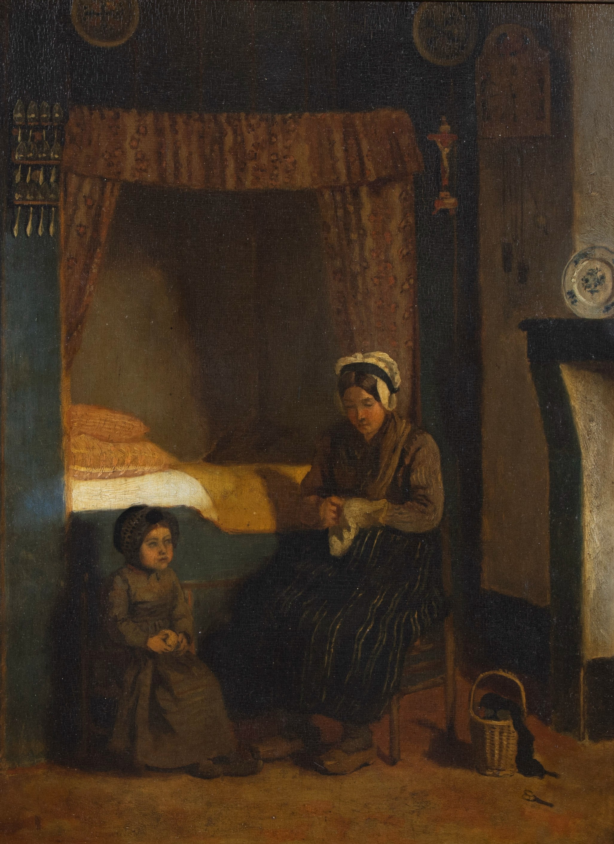 European school 19th century, oil on mahogany Mother and child