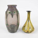 Mouth-blown Art Nouveau vase in glass paste and tin fittings signed Gerard and vase Scailmont