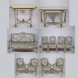 Salon style Louis XV consisting of one sofa, 2 armchairs and 4 chairs + console with marble top and
