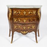 Chest of drawers inlaid with various precious woods, with marble top and gilded bronzes, Louis XV st