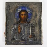 Orthodox icon Christ Pantocrator with silver Riza with enamel Silver 895 marked and dated 1895