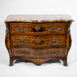 A Louis XV style convex chest of drawers with imitation marquetry, marble top and gilt bronze mounts