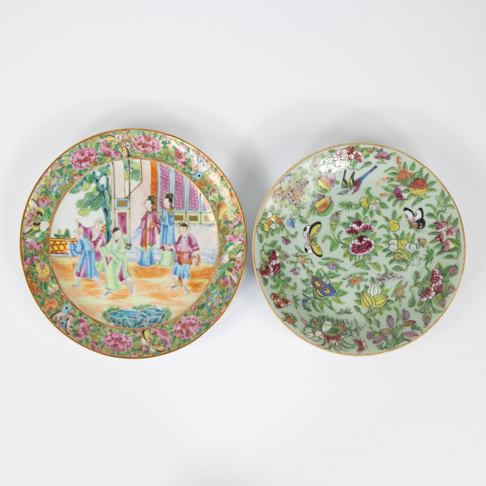 Two different Cantonese porcelain plates, one with figural decoration, the other with butterflies, b