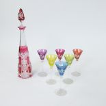 Val Saint Lambert red and clear cut crystal decanter with 6 coloured crystal glasses