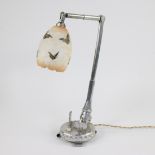 Art Deco table lamp in silver-plated metal with dog and cat sculpture and glass shade with butterfly