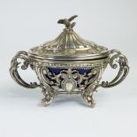 Solid silver and blue glass sugar bowl