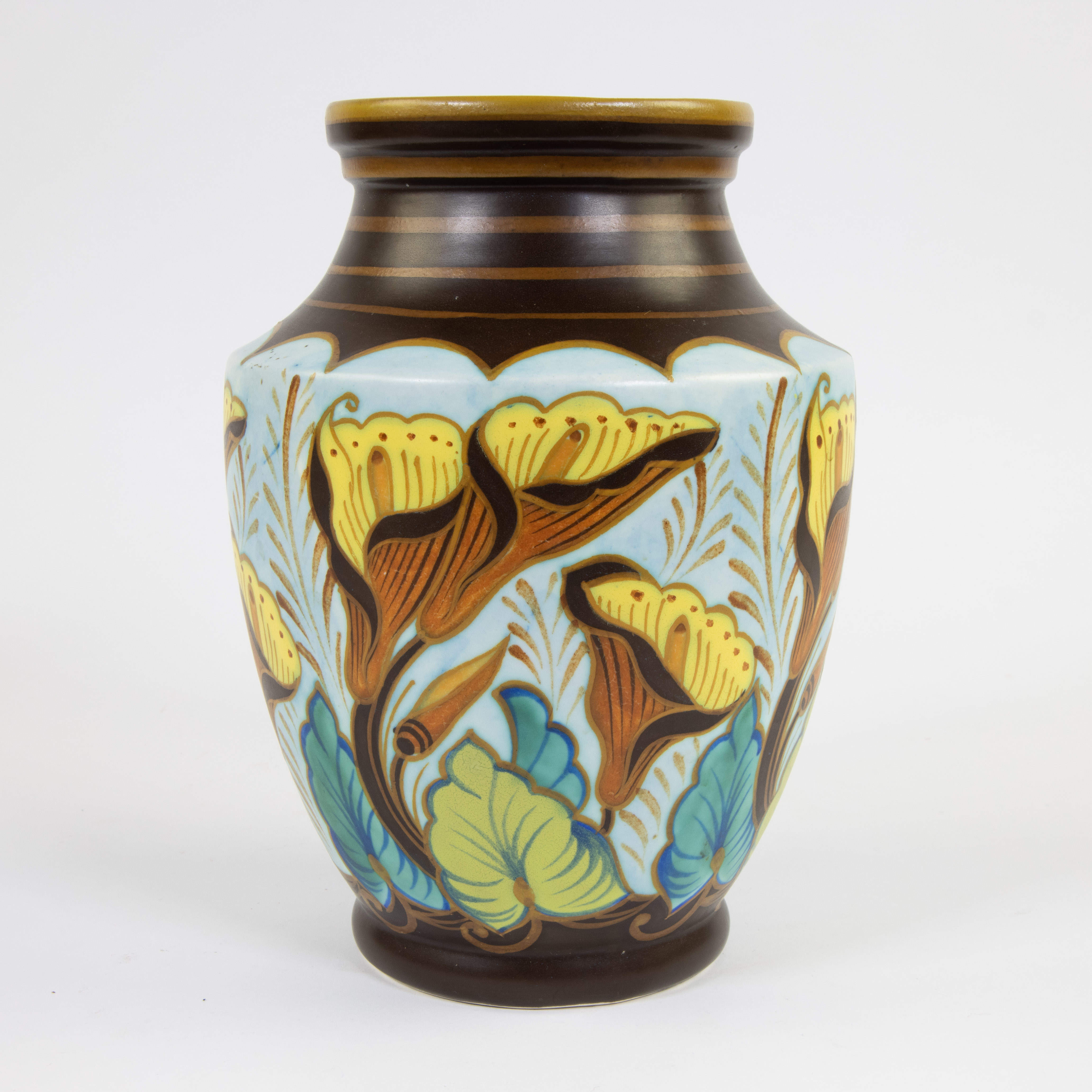 Boch Keramis Art deco vase with decoration of flowers of arums, model D.2064, polychrome glazed eart - Image 2 of 6