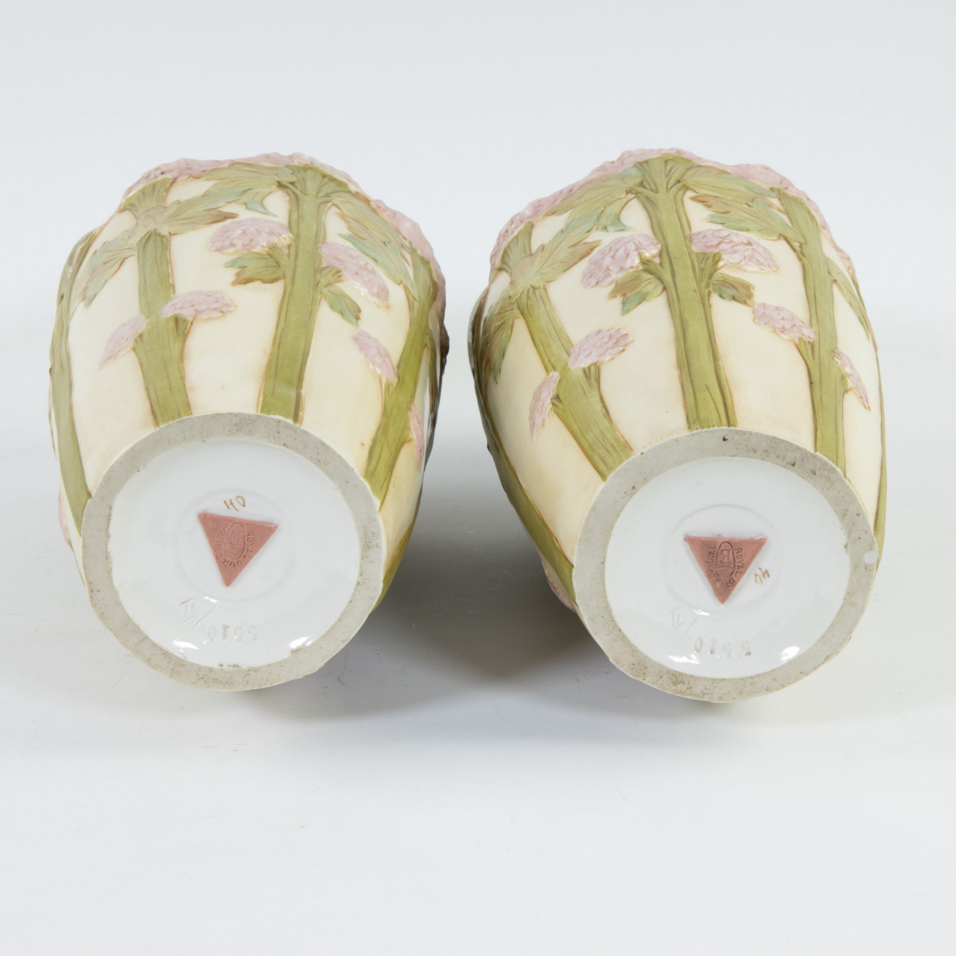 Pair of Art Nouveau Royal Dux vases with decor of stems with flowers, marked and a vide poche with d - Image 6 of 9
