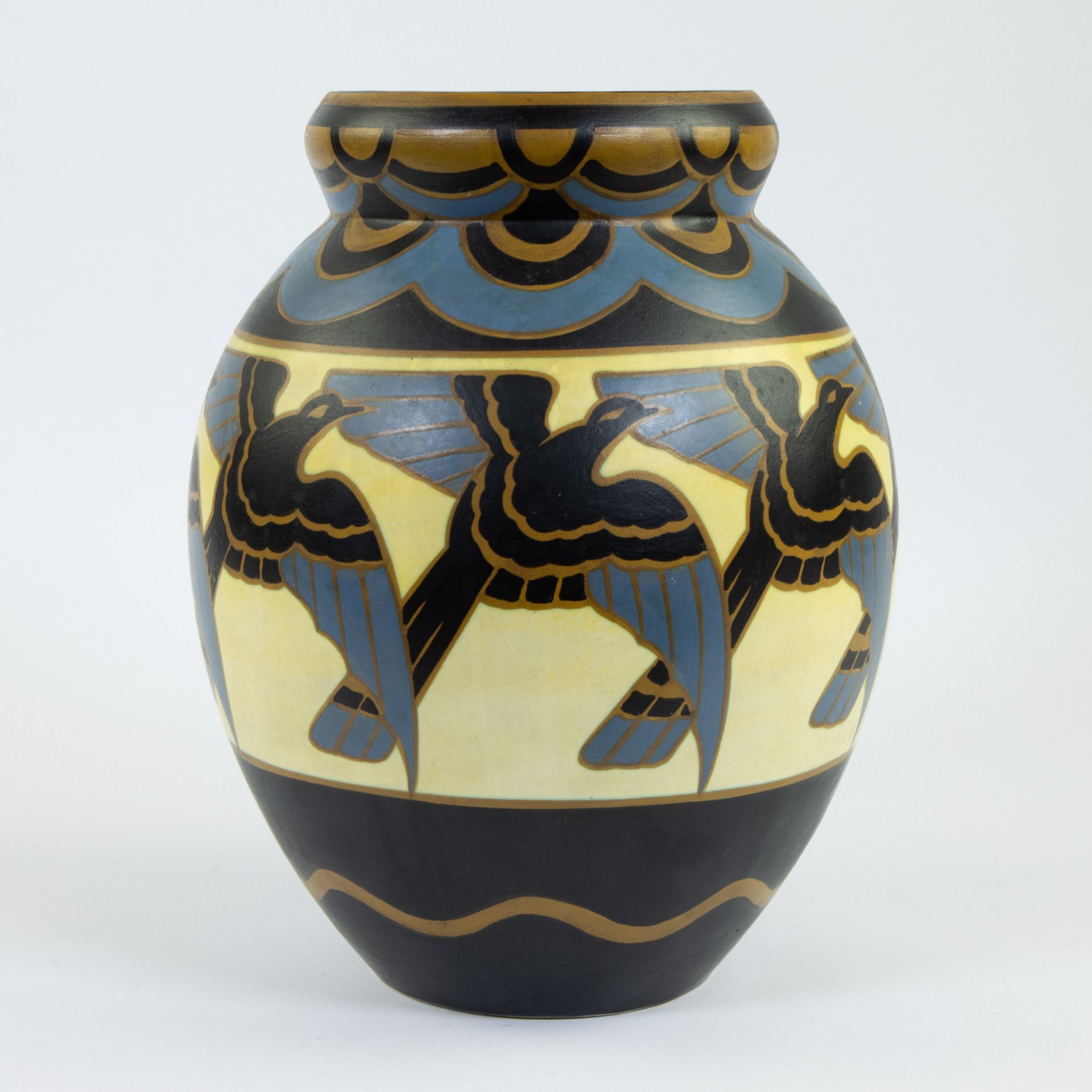 Charles Catteau, Boch Frères Keramis Vase, polychrome design with stylised birds, Decor 1366, marked - Bild 3 aus 6