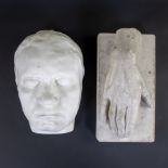 Collection of white plaster death mask and hand