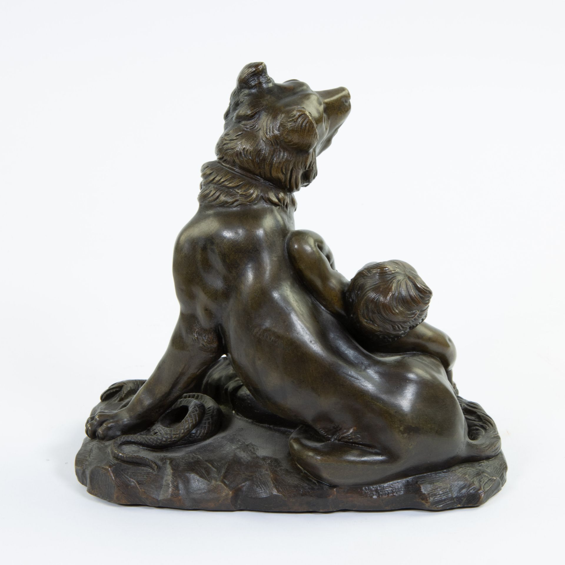 Bronze statue of a dog with child, signed - Image 3 of 5