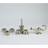 Silver collection: 3 salt shakers, salt and mustard set and oil lamp