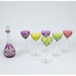 Val Saint Lambert crystal decanter with 6 coloured crystal glasses