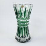 Val Saint Lambert green and clear cut crystal Art Deco vase, signed and with original label