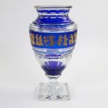 Val Saint Lambert white and blue crystal vase Jupiter with decor Danse de Flore, signed