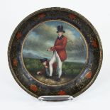 Plate in paper maché on metal toleware decor English golfer with caddy circa 1850