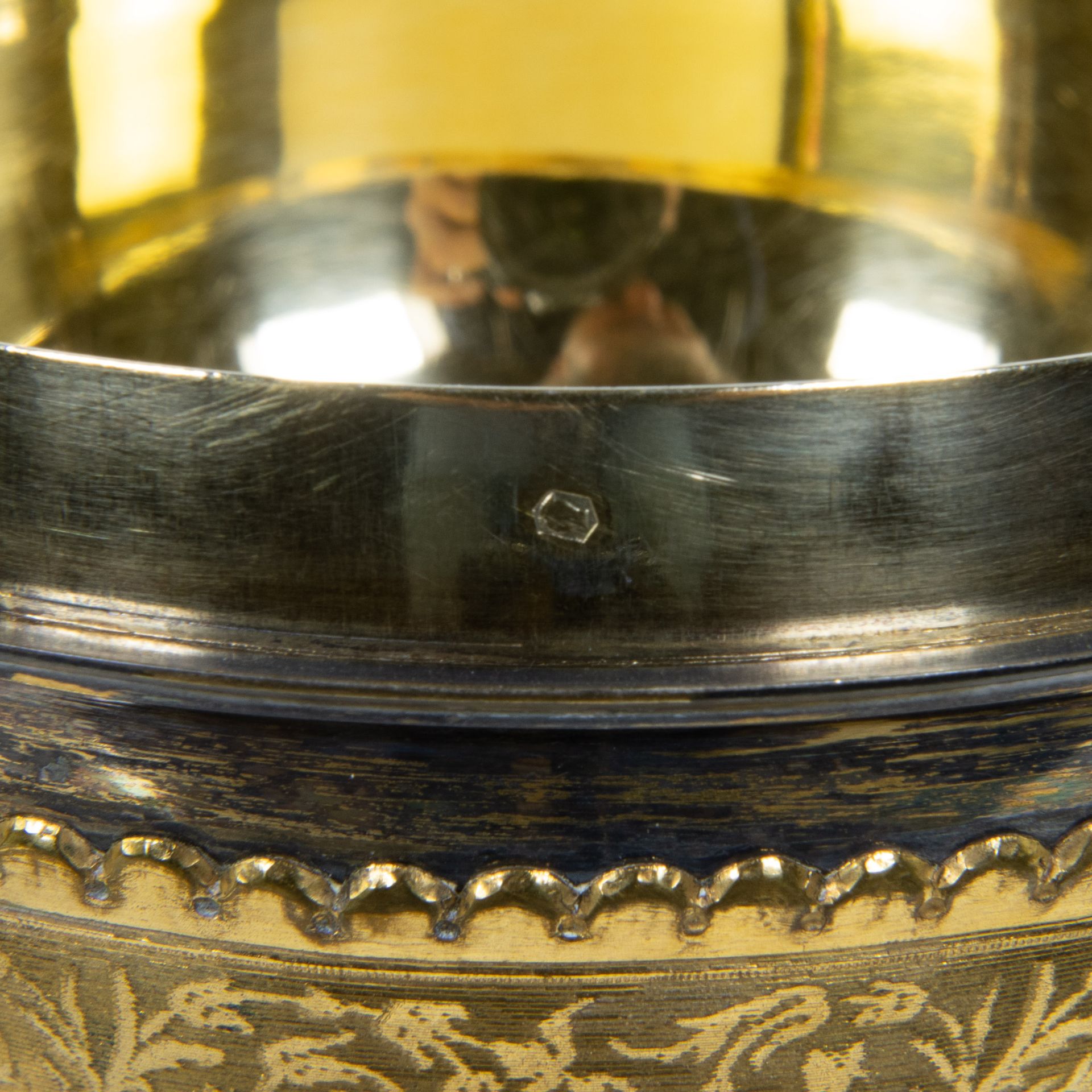 Neo-Gothic finely engraved chalice, base in gilt brass and chalice with vermeille and silver medalli - Image 11 of 12