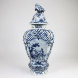 Large Delft lidded pot with romantic decor, 19th century, marked