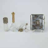 Lot of 3 perfume bottles, 2 crystal with solid silver and one with gold and a silver cigarette box w