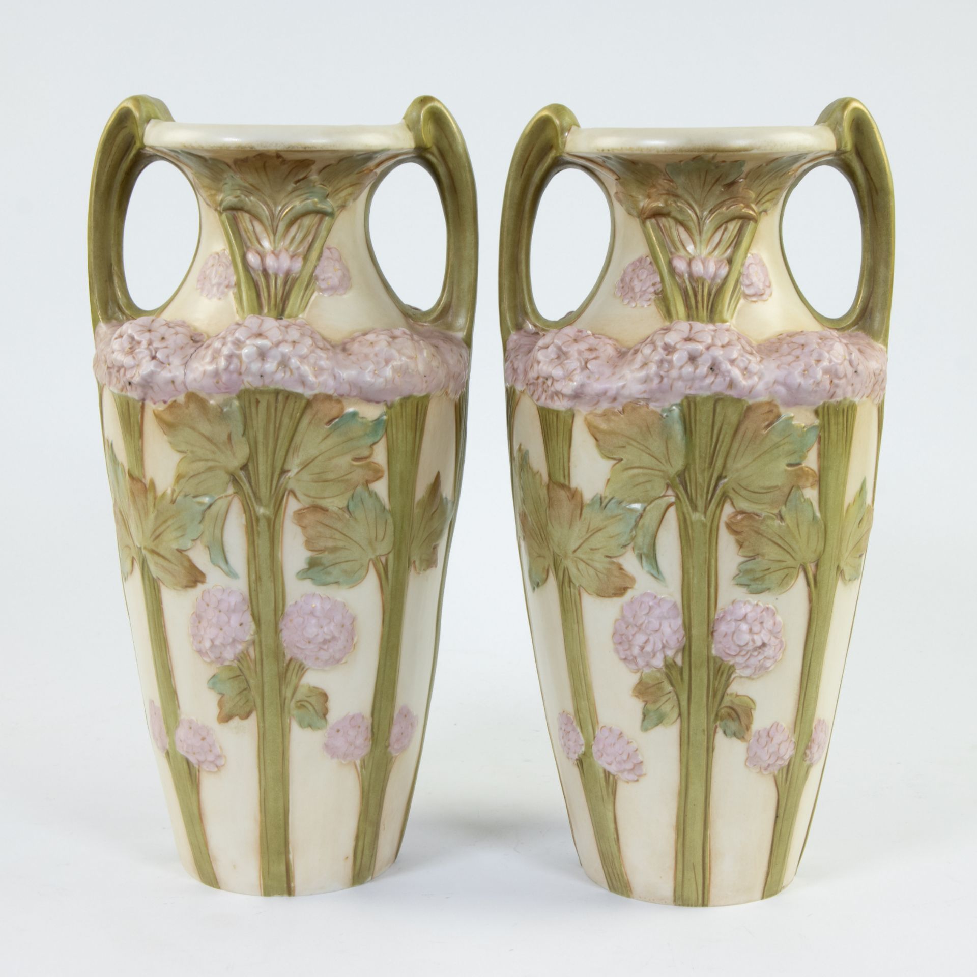 Pair of Art Nouveau Royal Dux vases with decor of stems with flowers, marked and a vide poche with d