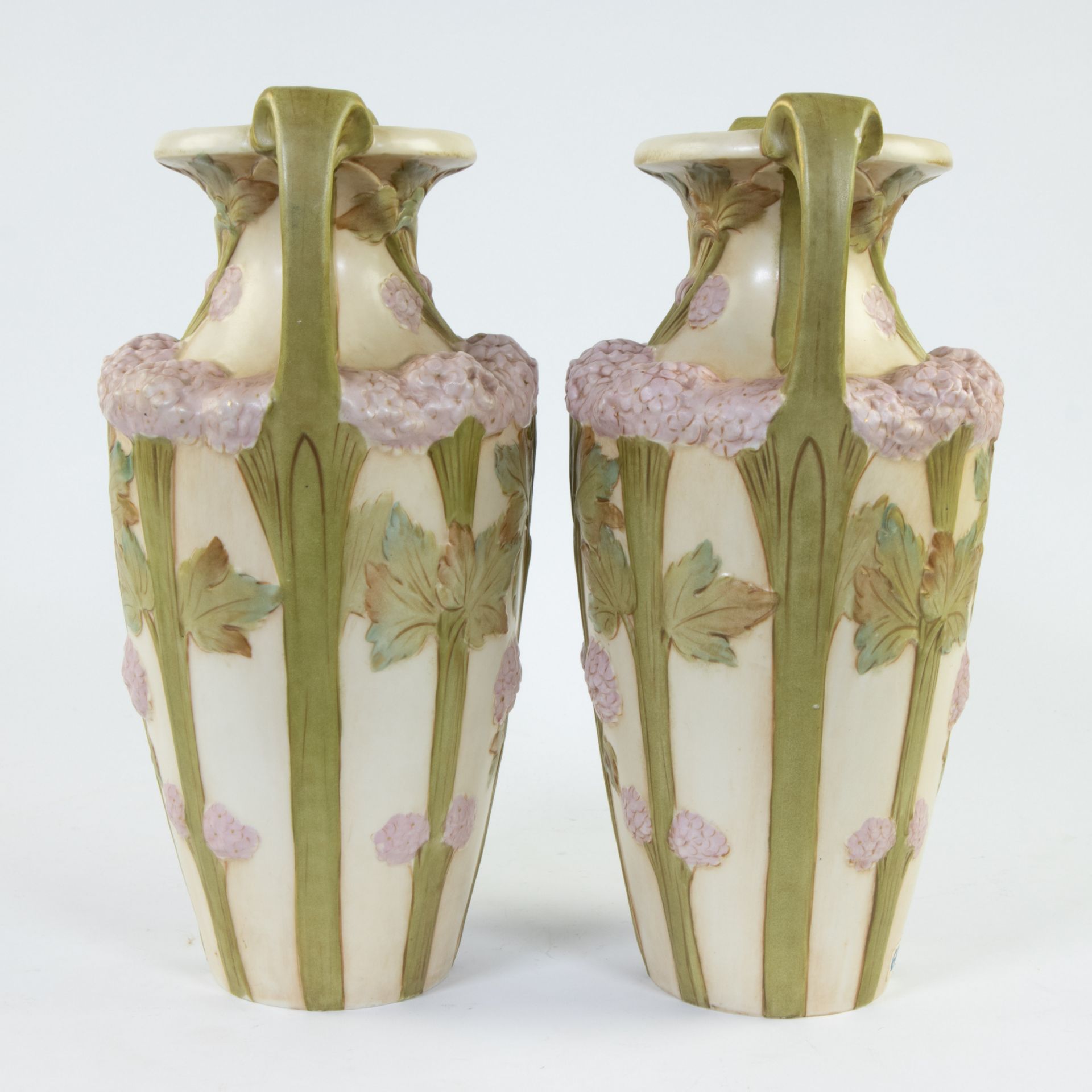 Pair of Art Nouveau Royal Dux vases with decor of stems with flowers, marked and a vide poche with d - Image 3 of 9