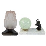 2 Art Deco table lamps, skyscraper table lamp with light pink glass shade and a night lamp with elep