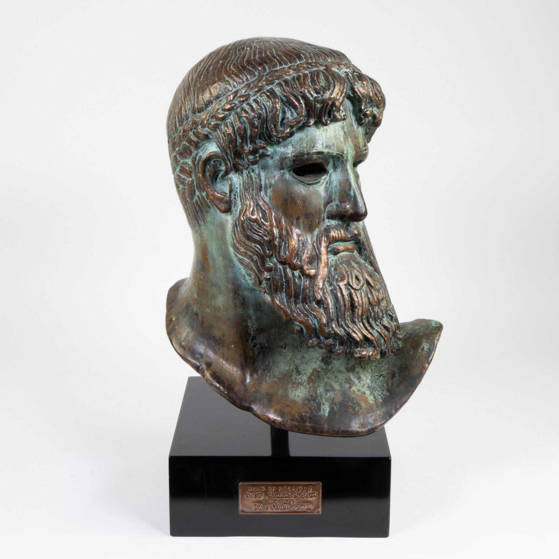 Green patinated head of Poseidon by E. Philippakis, signed, museum edition, galvanoplasty