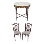 Side table with medallions and onix top and 2 English chairs