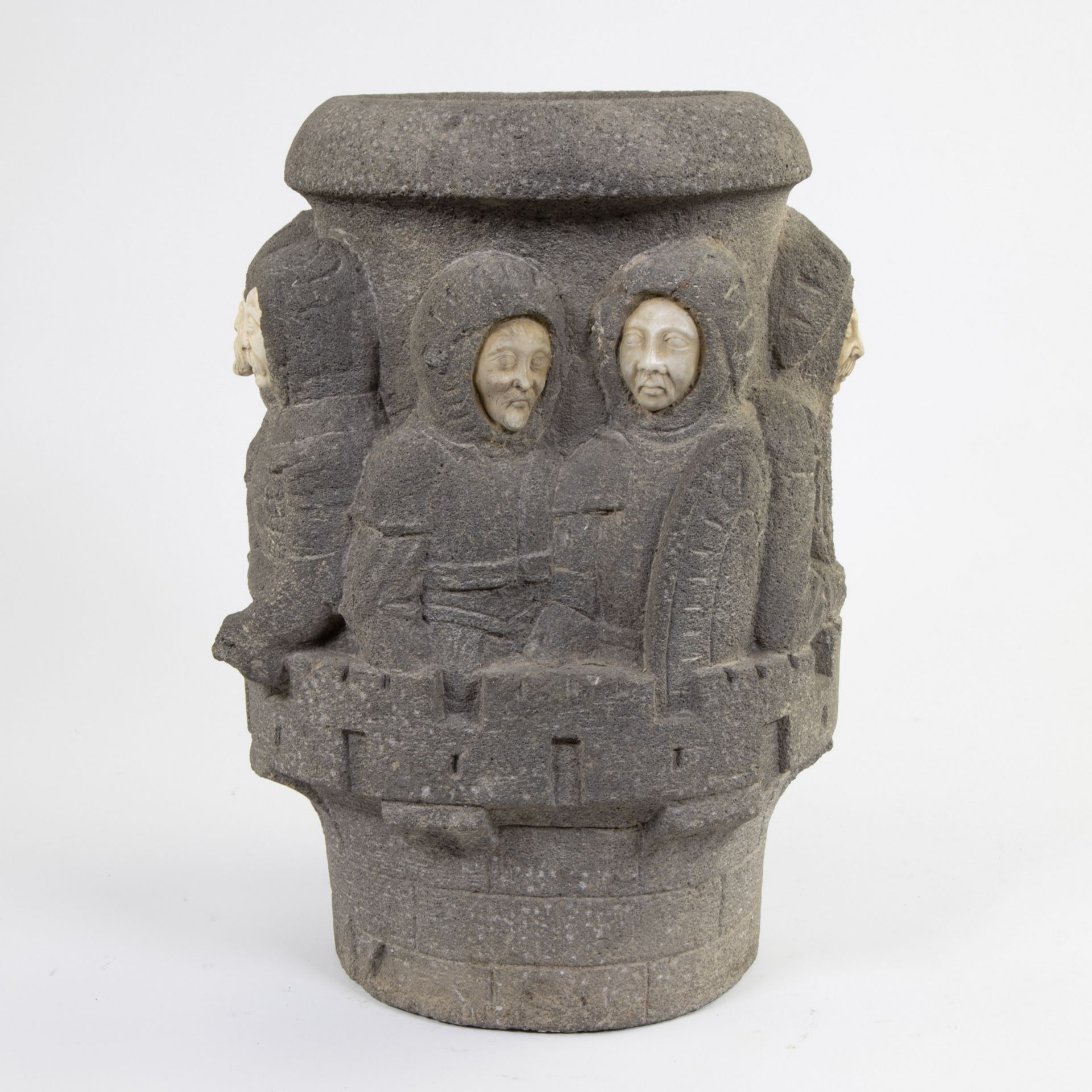 19th century sculpture of a tower with soldiers in lava rock and with marble faces after medieval mo - Image 2 of 5