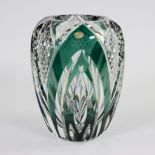 Val Saint Lambert Art Deco green and crystal cut vase, with original label