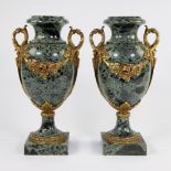 Pair of green veined marble cassolettes with bronze garlands