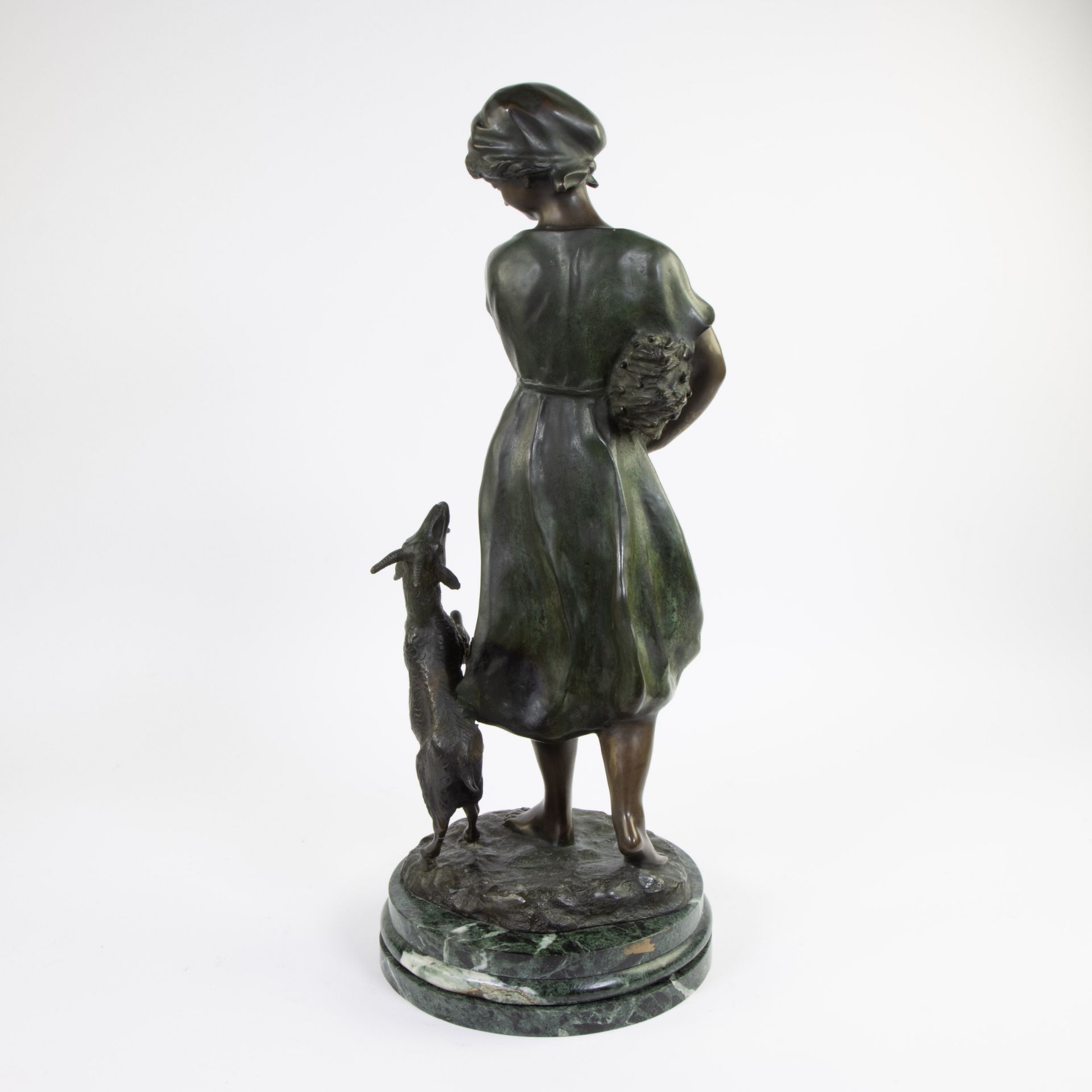 Bronze sculpture of a girl with buck, signed. - Image 3 of 5