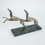 Jacques LIMOUSIN, 2 bronze greyhounds on marble base, signed
