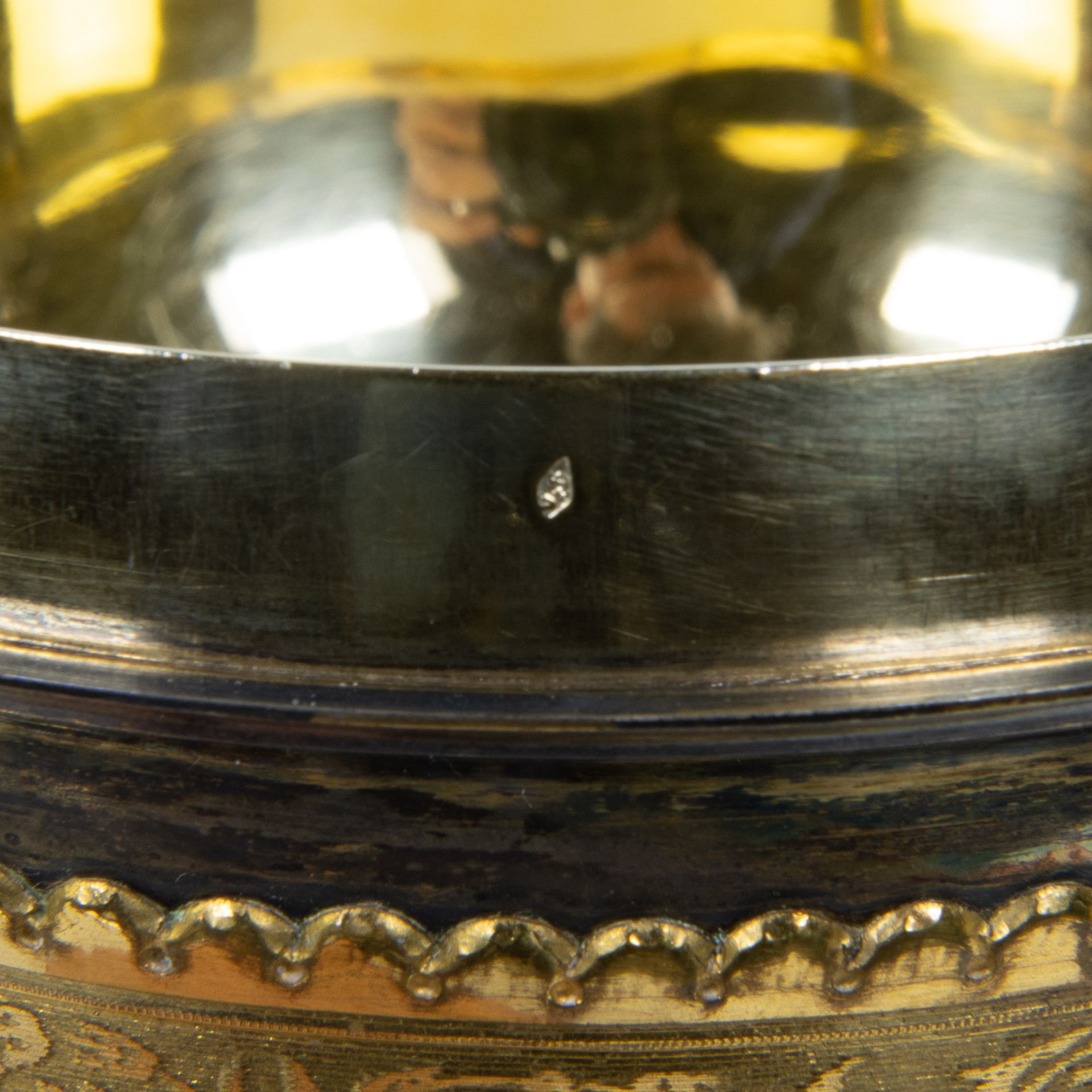 Neo-Gothic finely engraved chalice, base in gilt brass and chalice with vermeille and silver medalli - Image 12 of 12