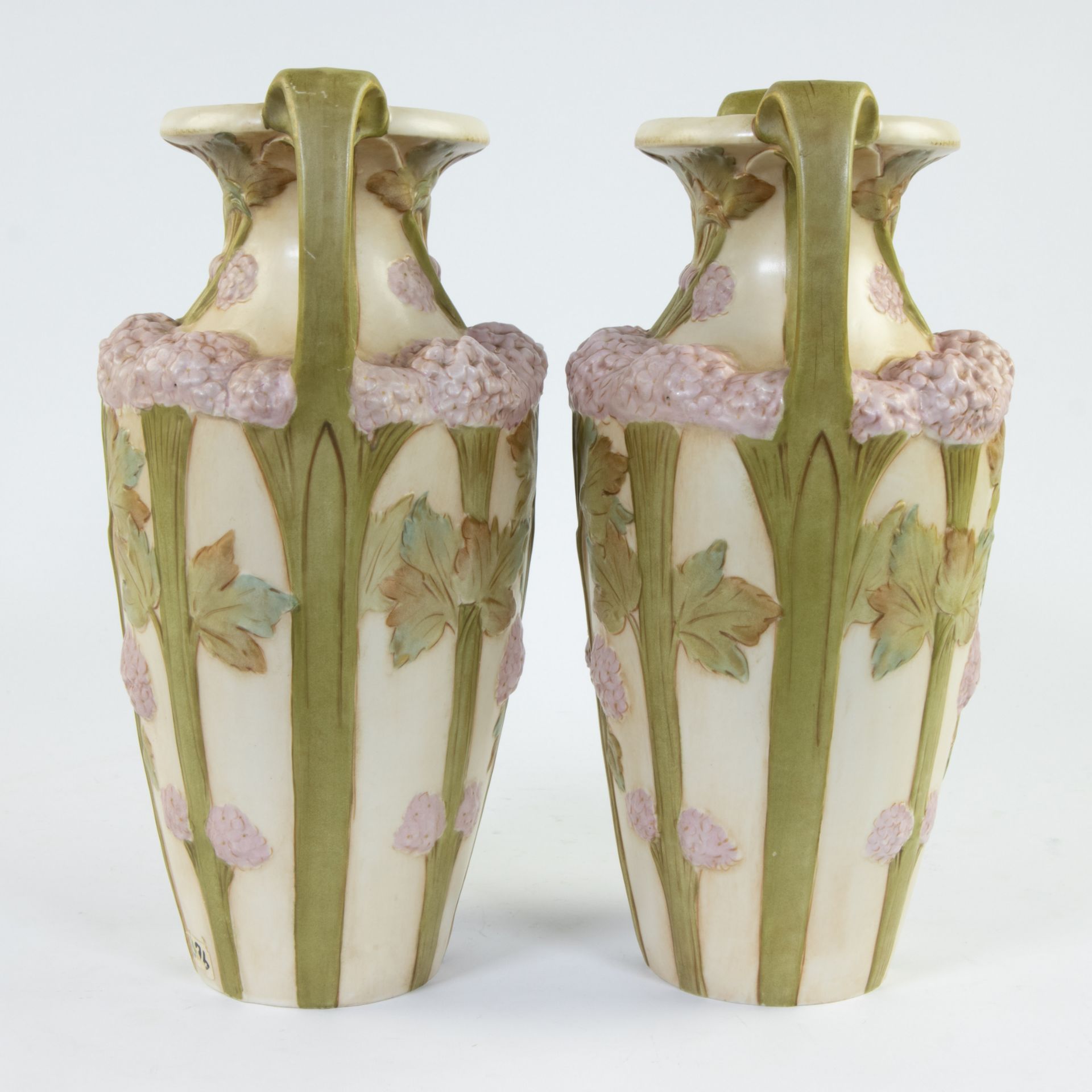 Pair of Art Nouveau Royal Dux vases with decor of stems with flowers, marked and a vide poche with d - Image 5 of 9