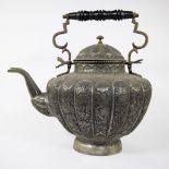 Antique Persian teapot with engraved garden scenes and floral motifs, 19th Century