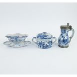 Lot Delft butter pot 18th century, jug circa 1700 and sauce bowl Lille 18th century