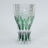 Val Saint Lambert green and clear cut crystal Art Deco vase, signed