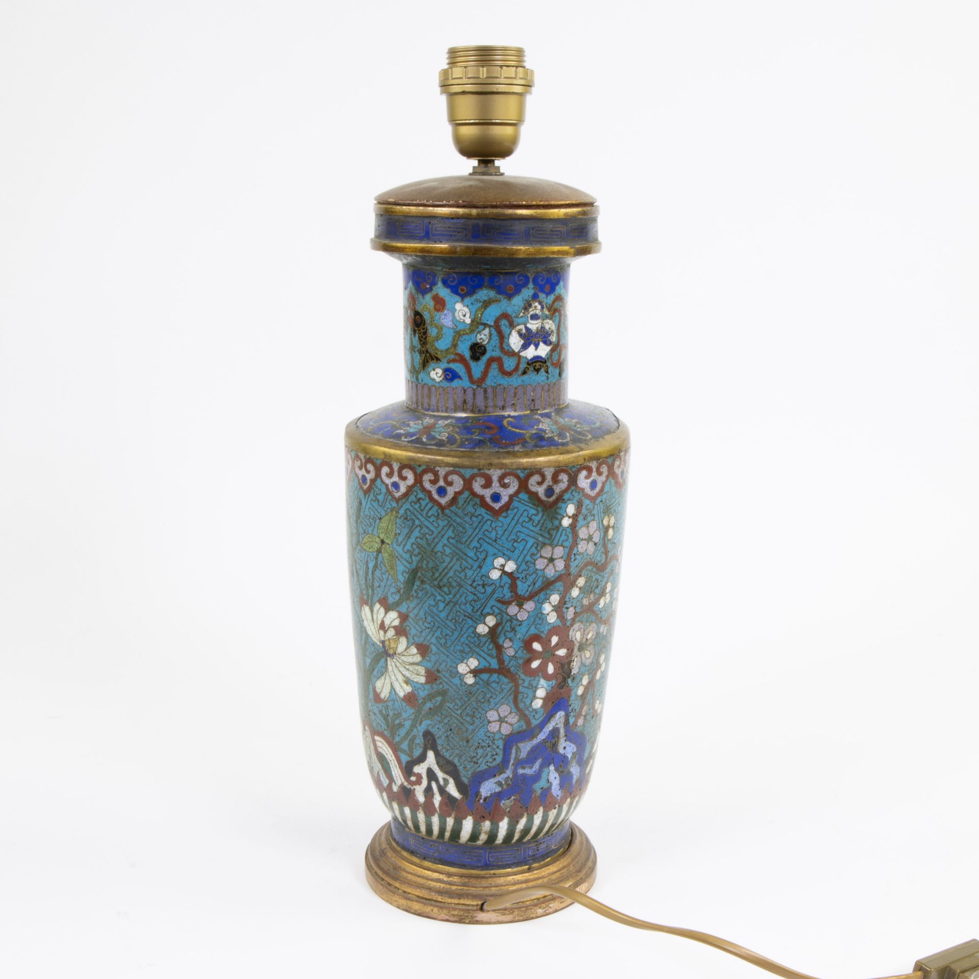 Cloisonné rouleau vase (made into a lamp) with decoration of prunus blossom, lotus and flowering shr - Image 3 of 4