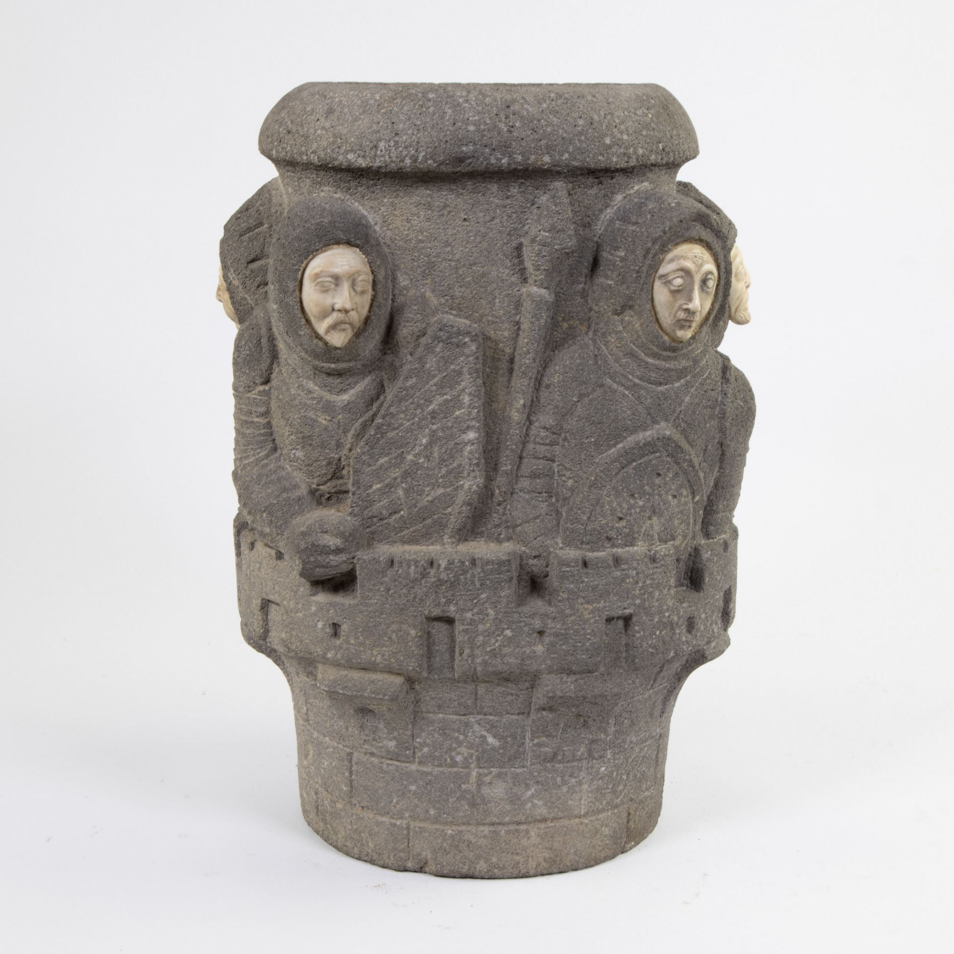 19th century sculpture of a tower with soldiers in lava rock and with marble faces after medieval mo - Image 4 of 5