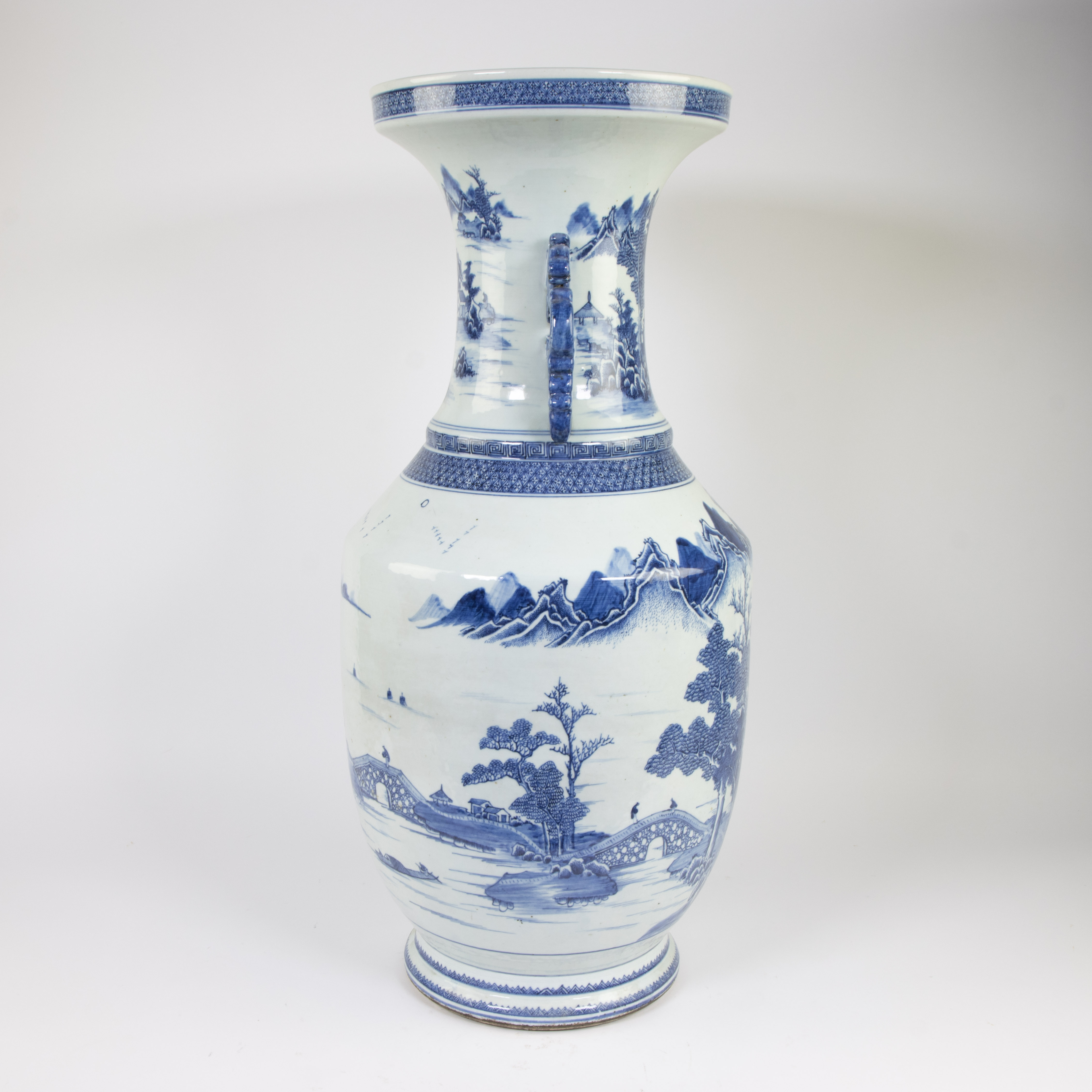 Large Chinese vase blue/white with floral mountain decor, late 19th century - Image 4 of 8