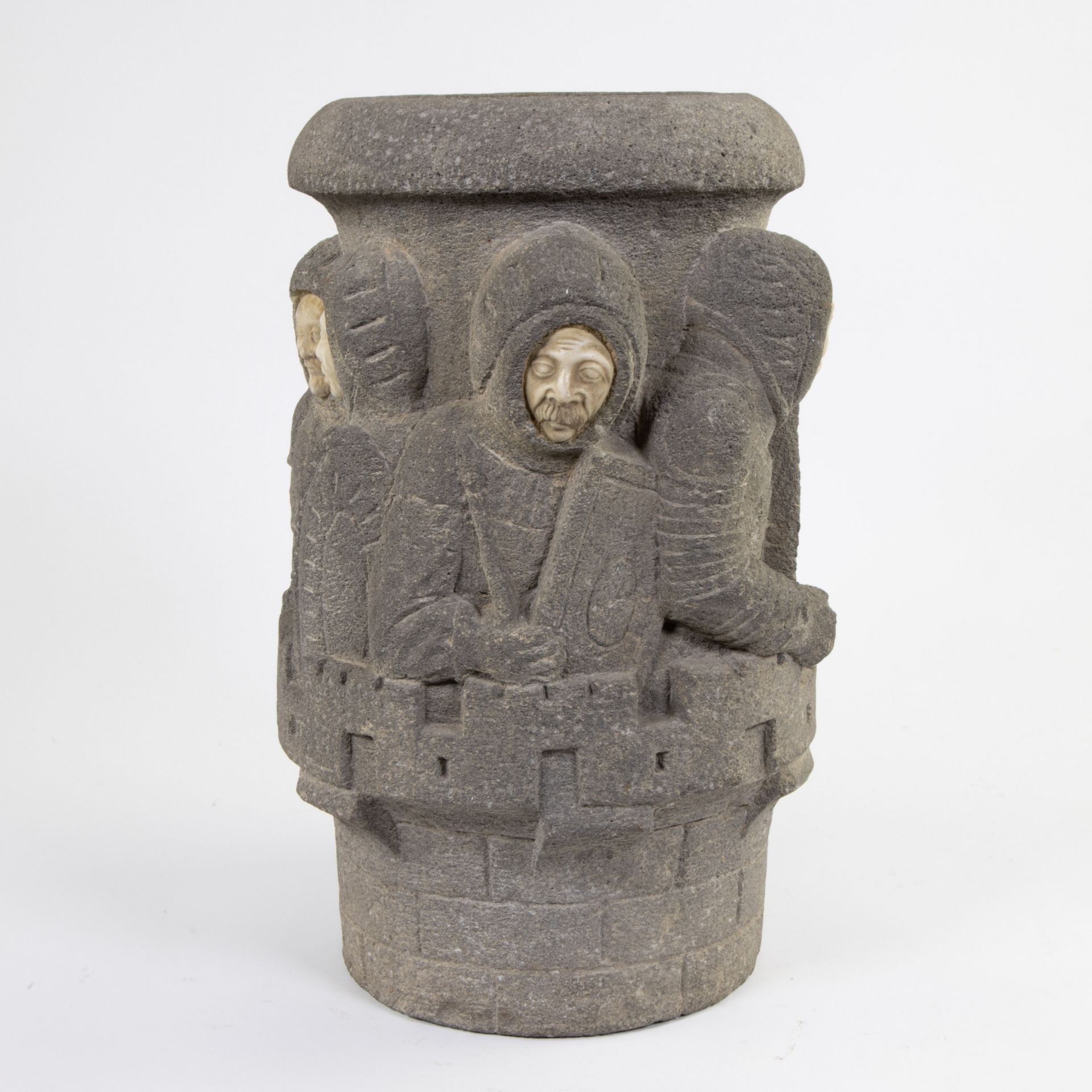 19th century sculpture of a tower with soldiers in lava rock and with marble faces after medieval mo - Image 3 of 5