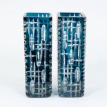 Pair of blue and colourless cut crystal Art Deco vases