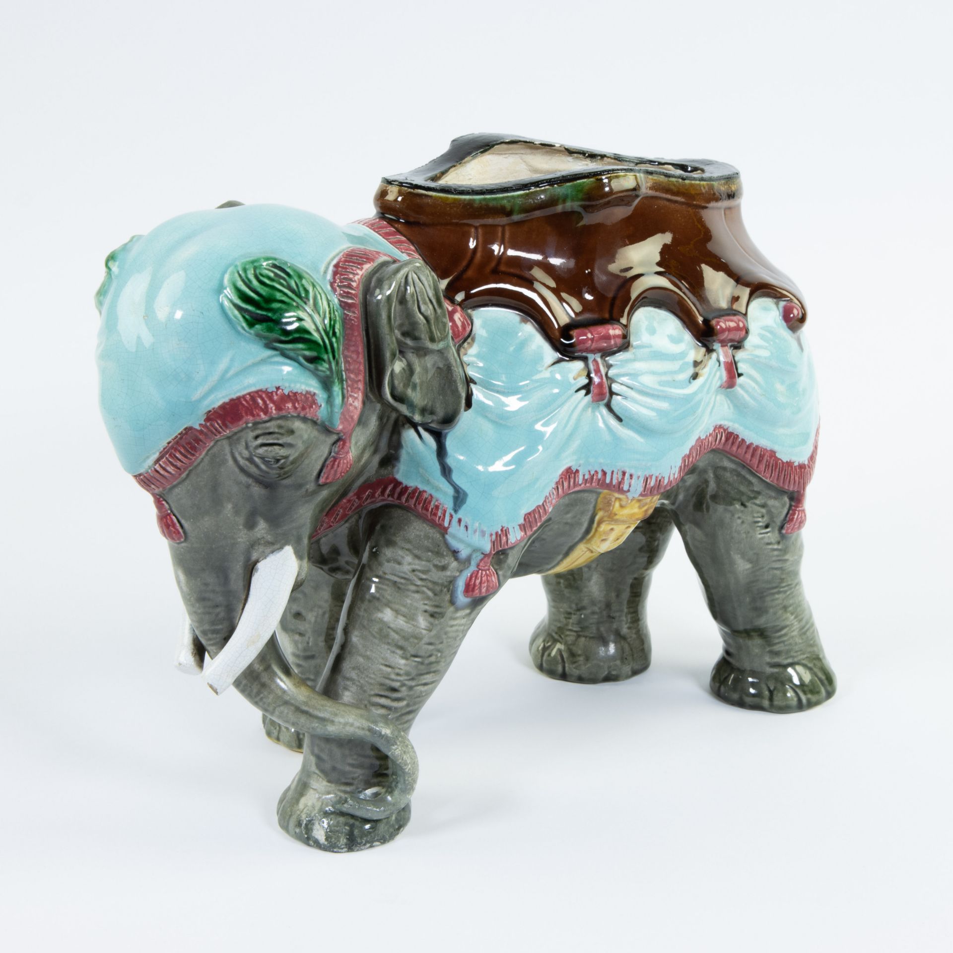 Antique barbotine elephant, majolica, jardinière, 1880-1900