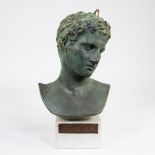 Green patinated sculpture Youth of Marathon on white marble base, by E. Philippakis, museum edition,