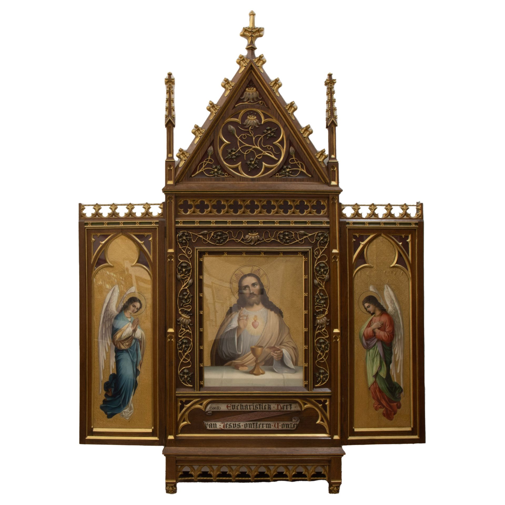 Neo-Gothic triptych - altarpiece, oil on canvas marquetry on panel Christ and archangels, original f